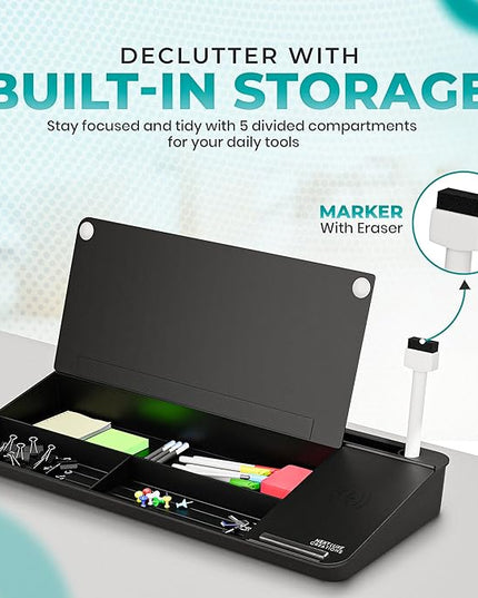 NEXTLUXE Glass Desk Whiteboard with Wireless Charger - Desktop Whiteboard with Storage, Weekly Planner, Dry Erase Pad, Organizer Drawer for Home, School, Office Gadgets – Black (Black)