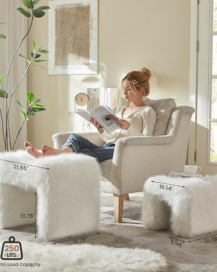 Ottoman Set of 2 Small Footstool Ottoman Vanity Stool Chair Faux Fur Seating Backless Modern Foot Rest Furry for Makeup Room Living Room Bedroom Entryway,White (2-in-1)