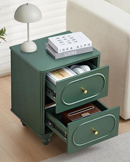 2 Drawer Fluted Mini Small Dresser for Bedroom Set of 2, Mid Century Modern Nightstand Bedside End Table, Wood Storage Dresser Organizer for Bedroom, Green