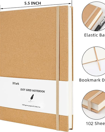 XYark A5 Dot Grid Kraft Notebook Journals, Hardcover Subject Sketchbook Composition Notebooks with Dotted Grid Paper, 2 Pack, 120GSM, 102 Sheets, 5.5x8.3 inch, Travel Journal Set