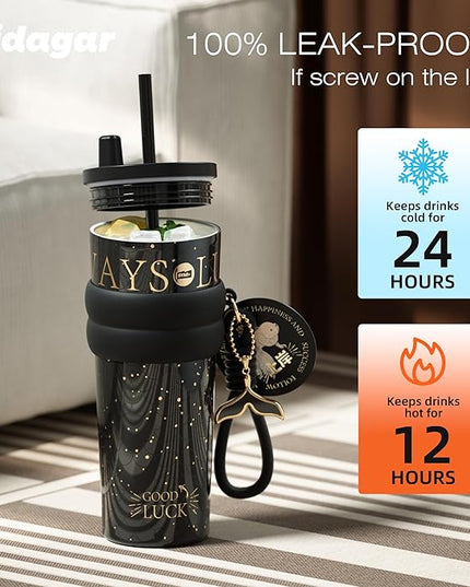 24 oz Tumbler with Lid and Straw, Insulated Coffee Mug Leak Proof, Portable Iced Travel Water Bottle, Reusable Thermal Coffee Cup, Gifts for Women, Mystic Black
