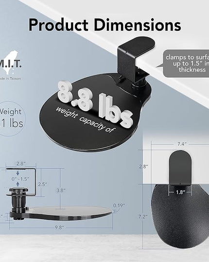 EHO Clamp-On Under Desk Mouse Tray, 360° Swivel Ergonomic Platform with Cable Organizer, Smooth Glide Surface for Gaming or Office, Fits Desks 0.5"-1.5" Thick, Tool-Free Install, TAA-Compliant