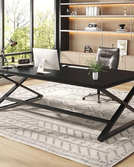 IBF Black Desk, Large Home Office Work Desk, 78.7” Long Computer Desks, Simple Wide Study Writing Desk, Wood Metal Double PC Executive Workstation Gaming Desk Computer Table for Bedroom, Black Oak