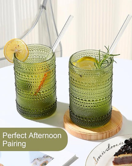 Vintage Glassware Drinking Glasses Set of 6,15 oz Hobnail Glass Cups,Embossed Green Water Tumbler,for Beer,Cocktail,Whiskey,Juice and Various Mixed Drinks- 1 Cleaning Brush