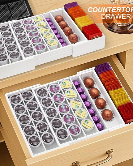 MinBoo Bamboo Drawer Organizer - Expandable K Cup & Pods Holder, Coffee Pod Storage, Tea Organizer, Versatile Kitchen Accessory Organization and Storage,White