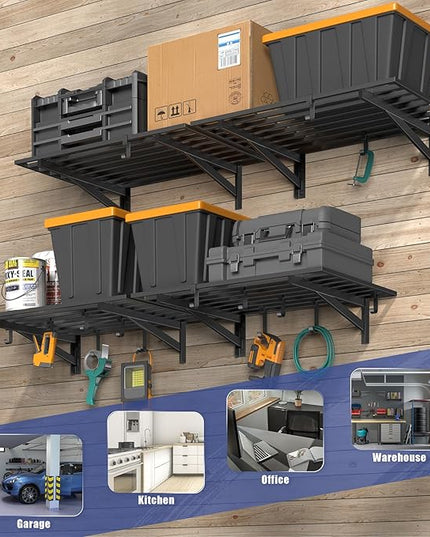 4-Pack 2x3ft Garage Shelving Wall Mounted, 2' x 3' Heavy Duty Garage Storage Shelves with Hooks, 800LB Capacity