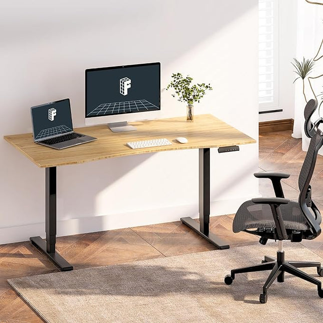 FlexiSpot E6 Bamboo 3-Stage Dual Motor 72 x 30 Electric Standing Desk Sit Stand Up Desk, Holds 220 lbs, Adjustable Height w/ Memory Presets, Solid Bamboo Curved Desktop & Black Frame, Ships in 2 Boxes