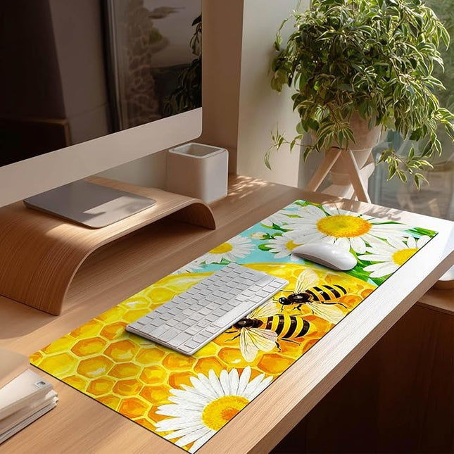 XL Mouse Pad Gaming Mousepad 31.5 x 11.8 Inch Large Keyboard Desktop Mat Diatomite Mouse Pad for Home and Office Desk Accessories with Honeycomb Bee Floral Artwork
