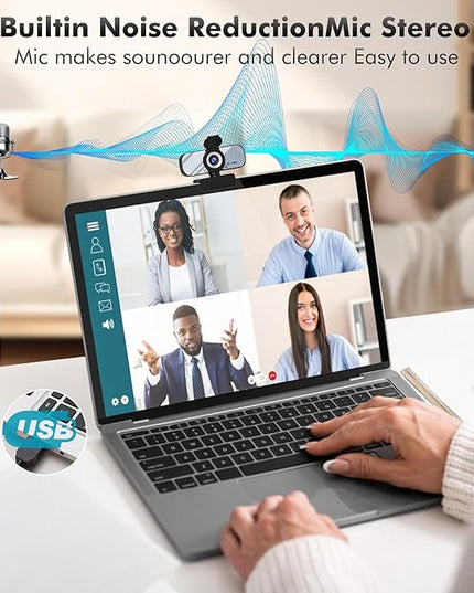 USB HD Webcam with Built-in Microphone and Rotatable Tripod, 1080P Video, Wide Angle Camera, Privacy Cover, for Desktop PC or Laptop Computer（White）