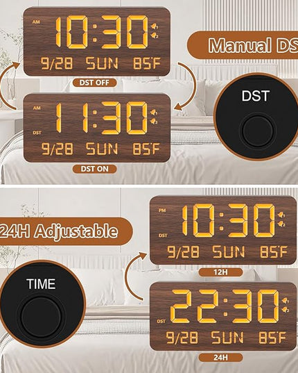 Fomobest Wooden Digital Alarm Clock for Bedroom - Desk Clock with Date, Day of Week, Temperature, Dual Alarms, Dimmer, USB Port Charge, DST, Adjustable Volume for Living Room/Office Wood Decor (Brown)