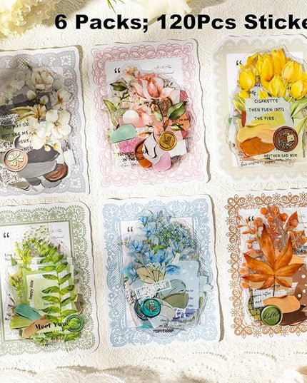 AuriicLeaf Vintage Botanical PET Sticker Set, 120PCS Floral and Leaf Ephemera Stickers for Journaling, Scrapbooking, DIY Crafts, and Art Projects
