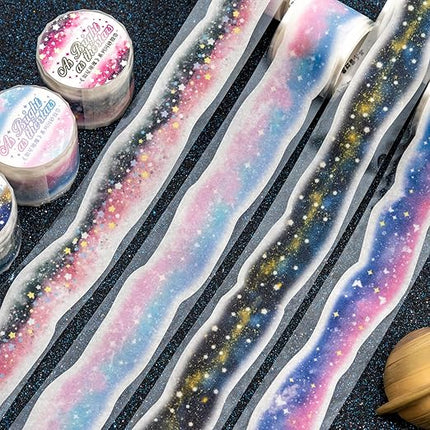 AuriicLeaf Galaxy-Themed Washi Tape Set, 4 Rolls of Decorative Glitter Tapes for Scrapbooking, Junk Journaling, DIY Crafts, and Art Supplies