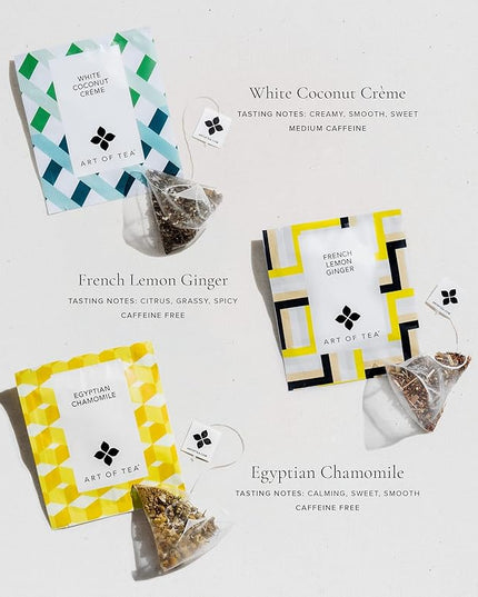 Art of Tea | Assorted Tea Sampler | 12 Count Sampler Box | Breakfast Tea, Earl Grey Creme, Egyptian Chamomile (Non-Caffeinated), French Lemon Ginger (Non-Caffeinated), Green Pomegranate, Mint Green, Tali's Masala Chai, Happy Tea, and White Coconut Creme