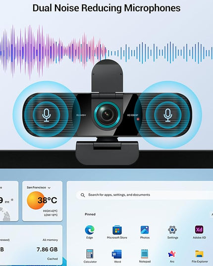 RUWBY Full HD 1080P Webcam with Built-in Dual Mics, Wide-Angle Lens, Privacy Cover, Tripod Stand, Autofocus Computer Camera, Plug and Play for Desktop PC or Laptop