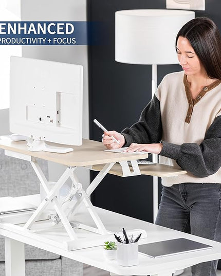 VIVO 28 inch Desk Converter, K Series, Height Adjustable Sit to Stand Riser, Dual Monitor and Laptop Workstation with Keyboard Tray, Light Wood Top, White Frame, DESK-V028KF