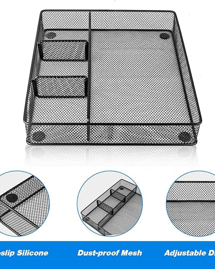 Desk Drawer Organizer Tray, Metal Mesh Drawer Organizers Office, 4 Grid with Adjustable Compartment, Desk Organizer Tray for Home Office 12x10.6x1.9 inch Black, 2 Pack