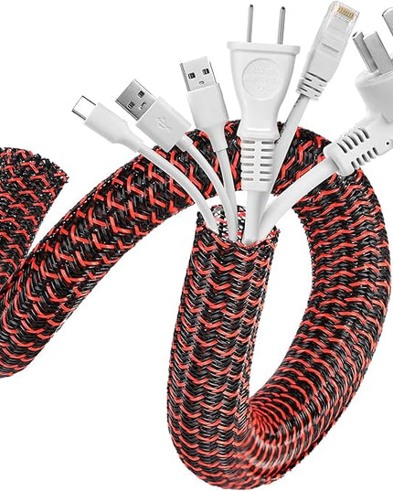 AGPTEK Cable Sleeve Cover, 10ft - 1.2 inch Desk Cord Organizer Cable Hider, Home Office Wire Management Computer TV Wire Loom Tubing, Pet Proof Cord Protector, from Cat Dog Chewing, BlackRed