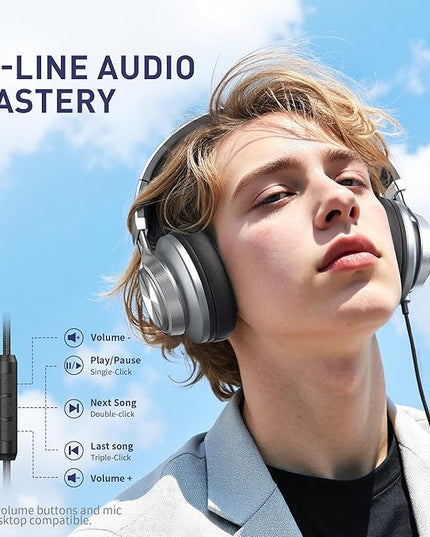 AILIHEN C90 Wired Headphones with Microphone Volume Control, Noise Reduction Foldable Comfortable Over Ear Headphones Wired Durable Nylon 3.5mm Jacket for Tablet/Chromebook/Computer/Adult/Teens(Grey)