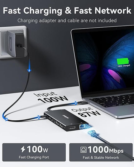 USB C Hub USB C Docking Station Dual Monitor 4K@60Hz+DP 8K@30Hz for Dell HP, Laptop Docking Station 3 Monitors 15 in 1 USBC Dongle Multiport Adapter with USB A Port+Button+PD+Ethernet+SD/TF+Audio