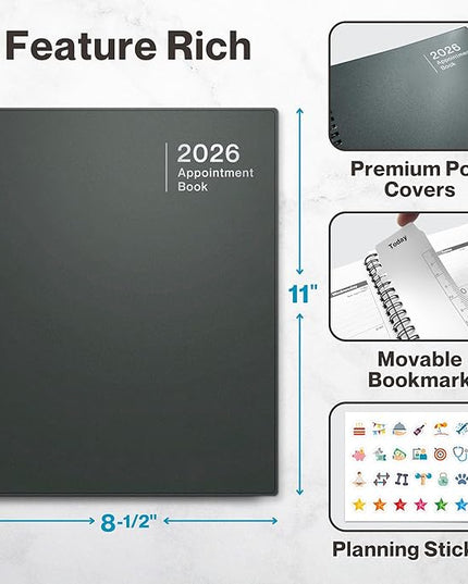 Dunwell Daily Planner 2026, 8.5x11 Appointment Book, 15-Min Hourly Schedule, Jan to Dec 2026, Large Planner with Laminated Tabs, Premium Paper Quality