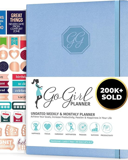 GoGirl Planner and Organizer for Women – Compact Size Weekly Planner, Goals Journal & Agenda to Improve Time Management, Productivity & Live Happier. Undated – Start Anytime, Lasts 1 Year – Light Blue
