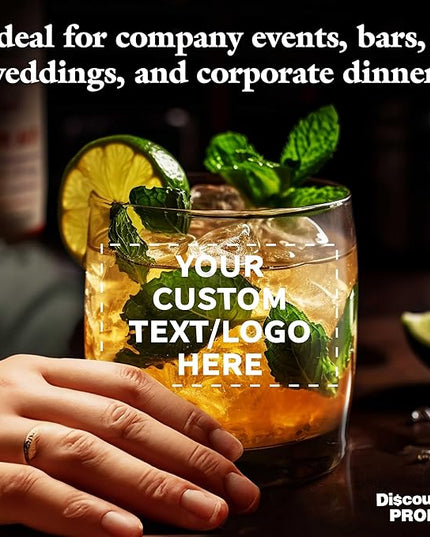 DISCOUNT PROMOS Custom Whiskey Glasses 10 oz Set of 10/50/100, Personalized Bulk Pack - Heavy Base Old Fashioned Glass, Perfect for Scotch, Bourbon, Whiskey, Cocktail - Black Bottom Color