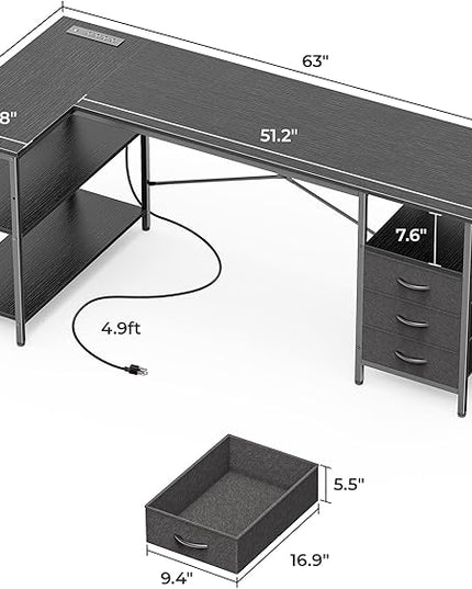 Huuger L Shaped Desk with Power Outlets, 63 Inch Reversible Computer Desk with 3 Drawers and Shelves, Home Office Table for Corner Work Study Writing Gaming, Black