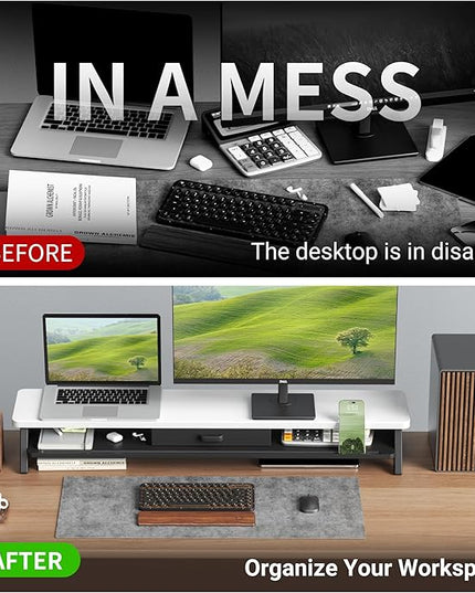 Dual Monitor Stand Riser,LED 2-Tier 39.3 Inch Computer Monitor Stand for 2 Monitors,Office Desktop Organizer with Storage Drawer and Phone Holder for Laptop,PC,Computer,Printer,White
