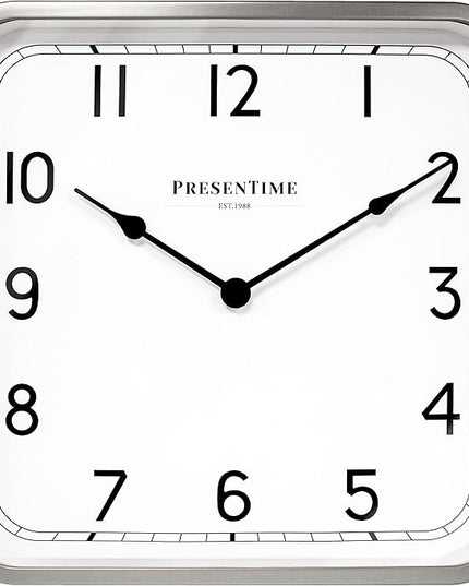 Presentime & Co 16" Anton Vintage Square Clock, Silent No Ticking, Wall & Mantel 2 in 1 Clock, Desk and Shelf Clock, Tabletop Décor, Modern Silver Color