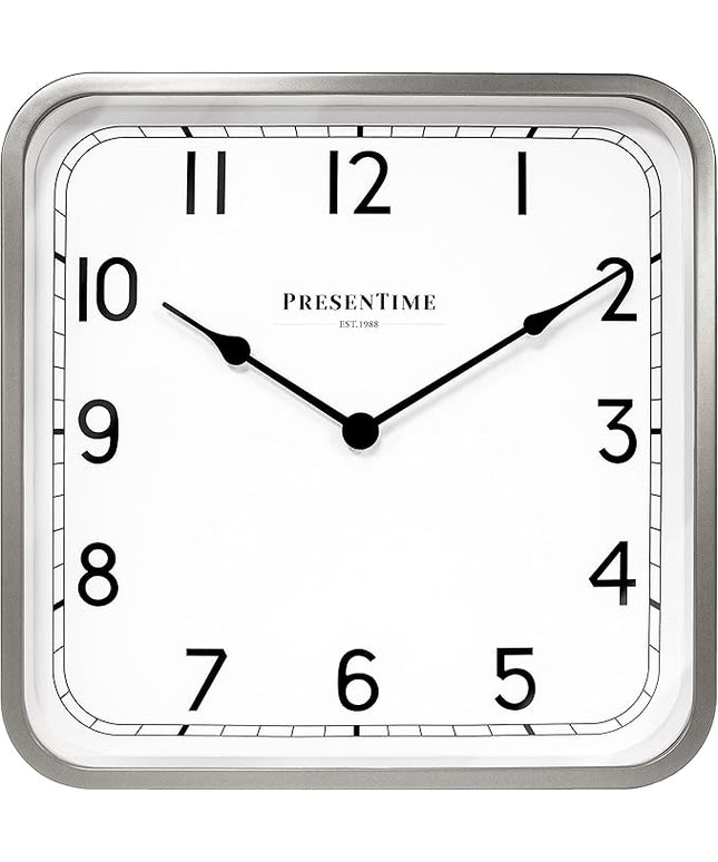 Presentime & Co 16" Anton Vintage Square Clock, Silent No Ticking, Wall & Mantel 2 in 1 Clock, Desk and Shelf Clock, Tabletop Décor, Modern Silver Color