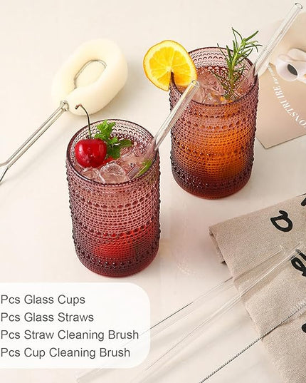 Vintage Glassware Drinking Glasses Set of 6,15 oz Hobnail Glass Cups,Embossed Purple Water Tumbler,for Beer,Cocktail,Whiskey,Juice and Various Mixed Drinks- 1 Cleaning Brush