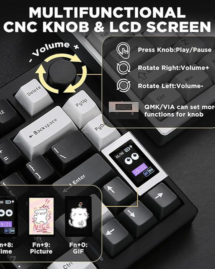 YUNZII AL80 Wireless Mechanical Keyboard,Full Aluminum CNC, Smart LCD Display,Hot Swappable Gasket Mount 75% Layout with Knob,BT/2.4G/USB-C,QMK/VIA Support for Win/Mac (Black, Cocoa Cream V2 Switch)