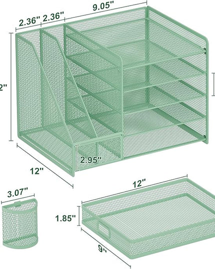Marbrasse Desk Organizer with File Holder, 5-Tier Paper Letter Tray Organizer with Drawer and 2 Pen Holder, Mesh Desktop Organizer and Storage with Magazine Holder for Office Supplies (Green)