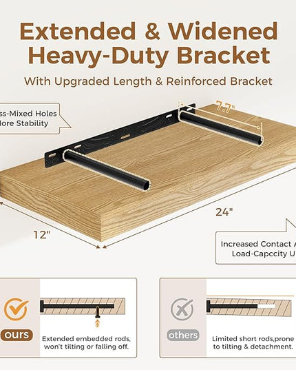 12 Inch Deep Floating Shelves, 24 x 12 Floating Shelf for Books, Rustic Wood Deep Wall Shelves for Home Storage & Display, 2" Thicked Shelves for Kitchen, Living Room, Bedroom, Oak Color, 1 Pack