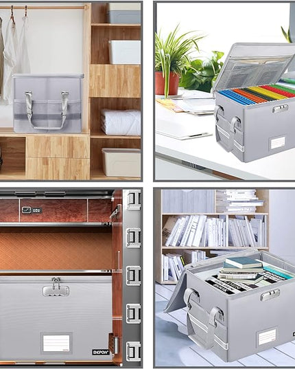 ENGPOW File Box with Lock, Fireproof Document Box with Zipper＆Pockets, Collapsible File Organizer Filing Storage Cabinet with Handle, Portable Home Office Safe for Hanging Letter/Legal Folder,Silver
