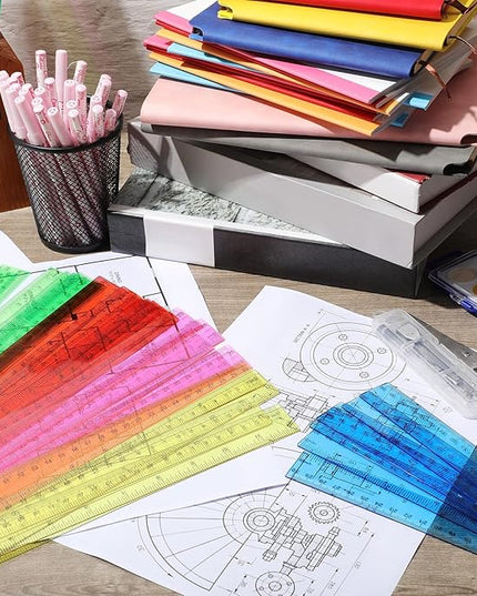 Zonon 50 Pcs 6 Inch/12 Inch Plastic Rulers Bulk Flexible Straight Rulers with Inches Centimeters First Day of School Gift Students Back to School Office Home Supplies(Clear Colorful,12 Inch)