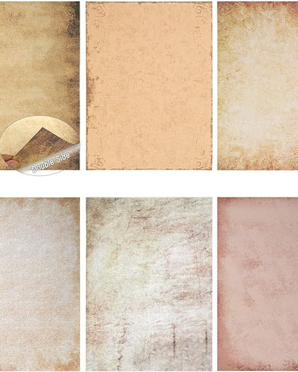 CenterZ 60 Sheets 6 Style Antique Stationary Paper, 8.3 x 11.2 inch A4 Size 100gsm Kraft Double-side Printable Old Aged Vintage Letter Writing Stationery Set for Classic Letters, Poems, Lyrics, Notes