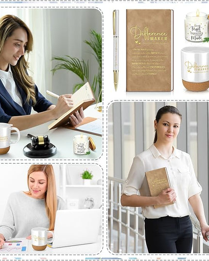 4 Pcs Difference Maker Gift for Women Men Teacher Employee Appreciation Gift for Coworker Staff Coach Difference Maker Mug Notebook Scented Candle Motivational Ballpoint Pen for Valentines(White)