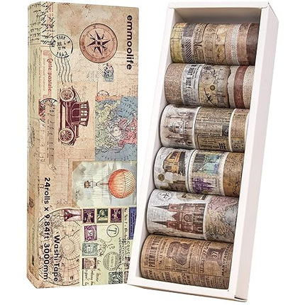 24 Rolls Vintage Washi Tape Set, Antique Car Buildings Map Stamp Stripe Writable Aesthetic Washy Decorative Tapes for Scrapbooking, Junk Journal Supplies, Bullet Journaling 5-75mm Wide (3m Long)/Roll