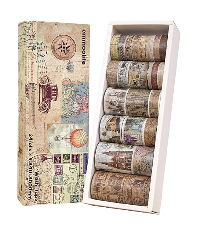 24 Rolls Vintage Washi Tape Set, Antique Car Buildings Map Stamp Stripe Writable Aesthetic Washy Decorative Tapes for Scrapbooking, Junk Journal Supplies, Bullet Journaling 5-75mm Wide (3m Long)/Roll
