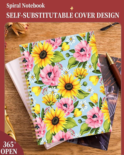 Spiral Journal Notebook for Women,A5 College Ruled Notebooks 6"x 8.4",120 Pages Lined Journal with Premium Thick Paper,Perfect for School Office Home Gifts(Sunflower Daisy)