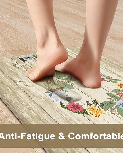 KIMODE Kitchen Floor Mats Cushioned Anti Fatigue,Farmhouse Floral Rugs Sets of 2,Memory Foam Carpet Non Slip,Long Sink Runner for Bathroom Laundry Office,Beige 17"x59"+17"x29"