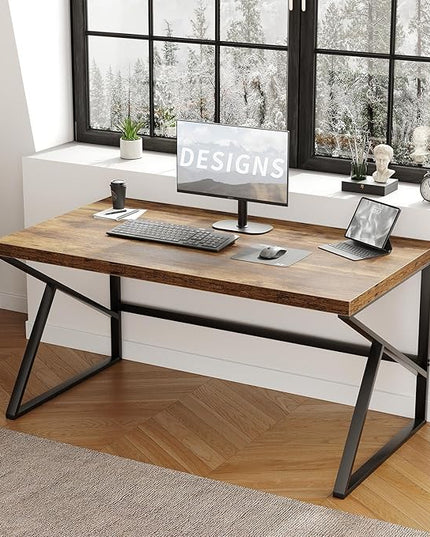 HSH Rustic Brown Desk, Industrial Home Office Computer Desk, Farmhouse Metal and Wood Computer Table, Simple Bedroom Laptop PC Desk for Student Writing Study Gaming Executive Workstation, 55 in
