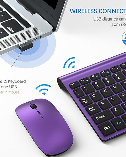 Wireless Keyboard and Mouse Ultra Slim Combo, TopMate 2.4G Silent Compact USB 2400DPI Mouse and Scissor Switch Keyboard Set with Cover, Batteries Included, for PC/Laptop/Windows/Mac - Purple Black