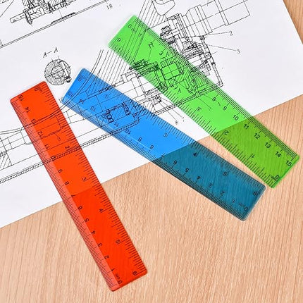Unjoo Clear Plastic Ruler 6 Inch Straight Rulers, Bulk Assorted Colors, Shatterproof Ruler with Inches and Centimeters for School Classroom, Home, or Office (8 Pack)