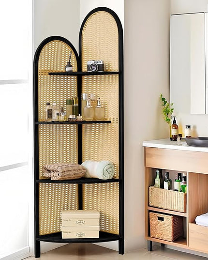 Corner Shelf Stand 4-Tier 70" Corner Shelves Display Shelf Pine Wood Frame with Rattan Wall Corner Bookshelf Multi Unit Organizer Rack with Legs for Living Room Decor,Small Space (Black)