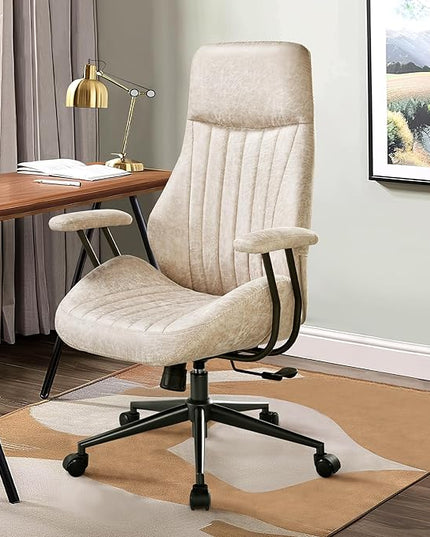 Mid Century Modren Office Chair,Computer Desk Swivel Task Chair with Wheels, High Back Ergonomic Executive Chair with Lumbar Support, Faux Lether Suede Fabric Home Chair (High Back, Beige)