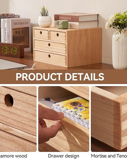 Kirigen Natural Wood Desktop Organizers with Drawers - Home Workspace Office Supplies Wooden Storage Box Shelf Case - Hold Makeup Box (NA, 3-Layer &4 Drawers)