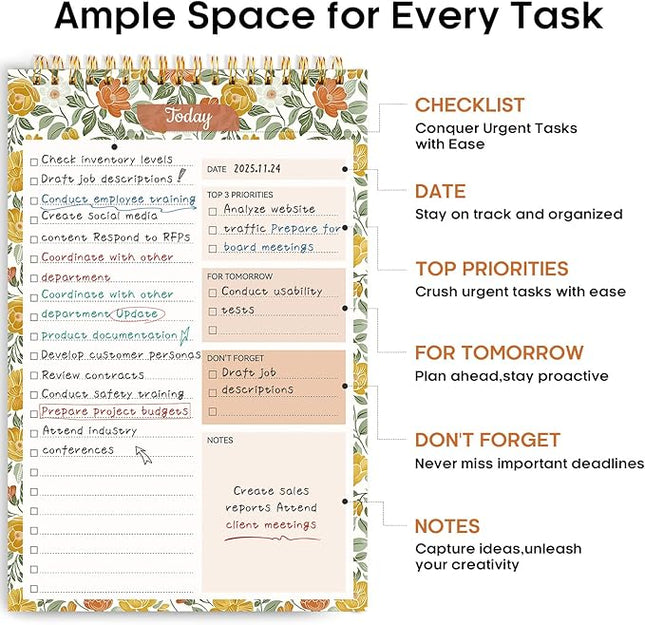 Taja To Do List Notepad - To Do List Notebook for Work with 52 Sheets, Undated Daily Planner Perfect for Daily Tasks and Goal Setting, Notepad Suitable for Office, Home & School - Sunshine Field