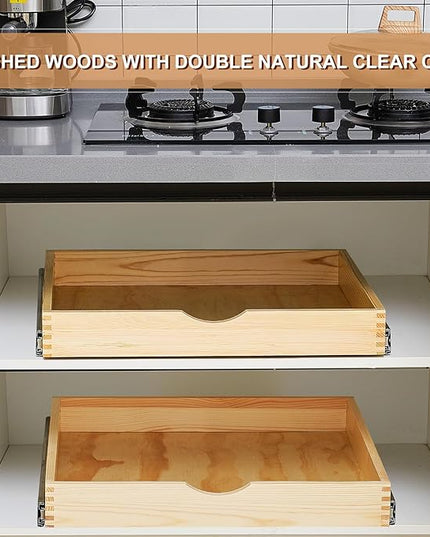 Menkxi 2 Set Pull out Tray Cabinet Organizer Wooden Pull Drawers storage Slide out Pantry Shelf for Base Cabinet Kitchen Gentle Close Fully Assembled Accessories(Wood Color,24'' X 21'' X 3'')